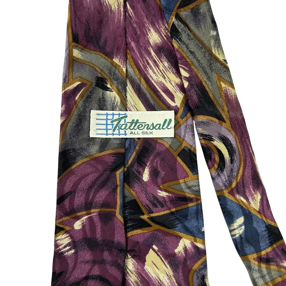 Tattersall‎ Mens Silk Necktie Abstract Geometric Brushstroke Purple Navy Gold